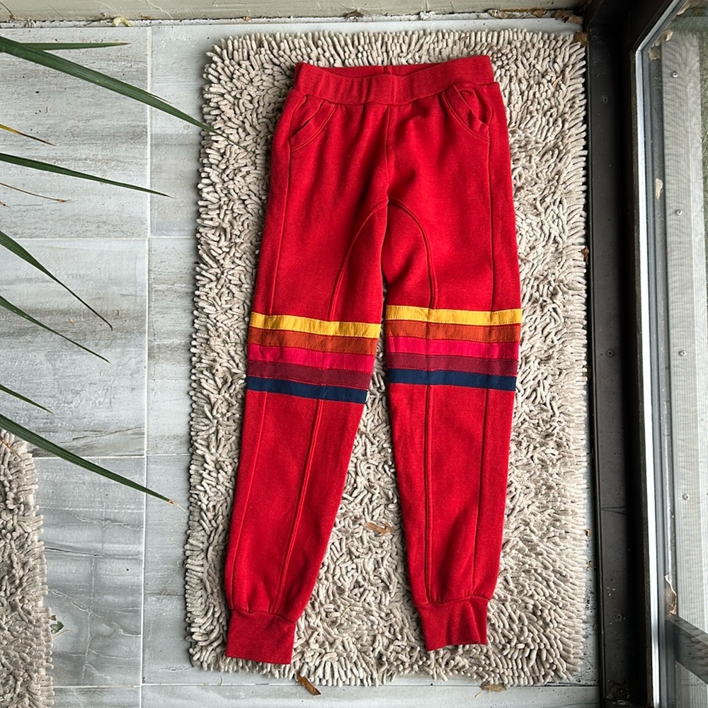 Aviator Nation Red Joggers with Yellow, Pink & Navy Stripes